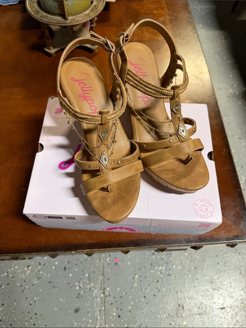 Jellypop Tan Strappy Wedge Sandals with Chain & Gem Accents